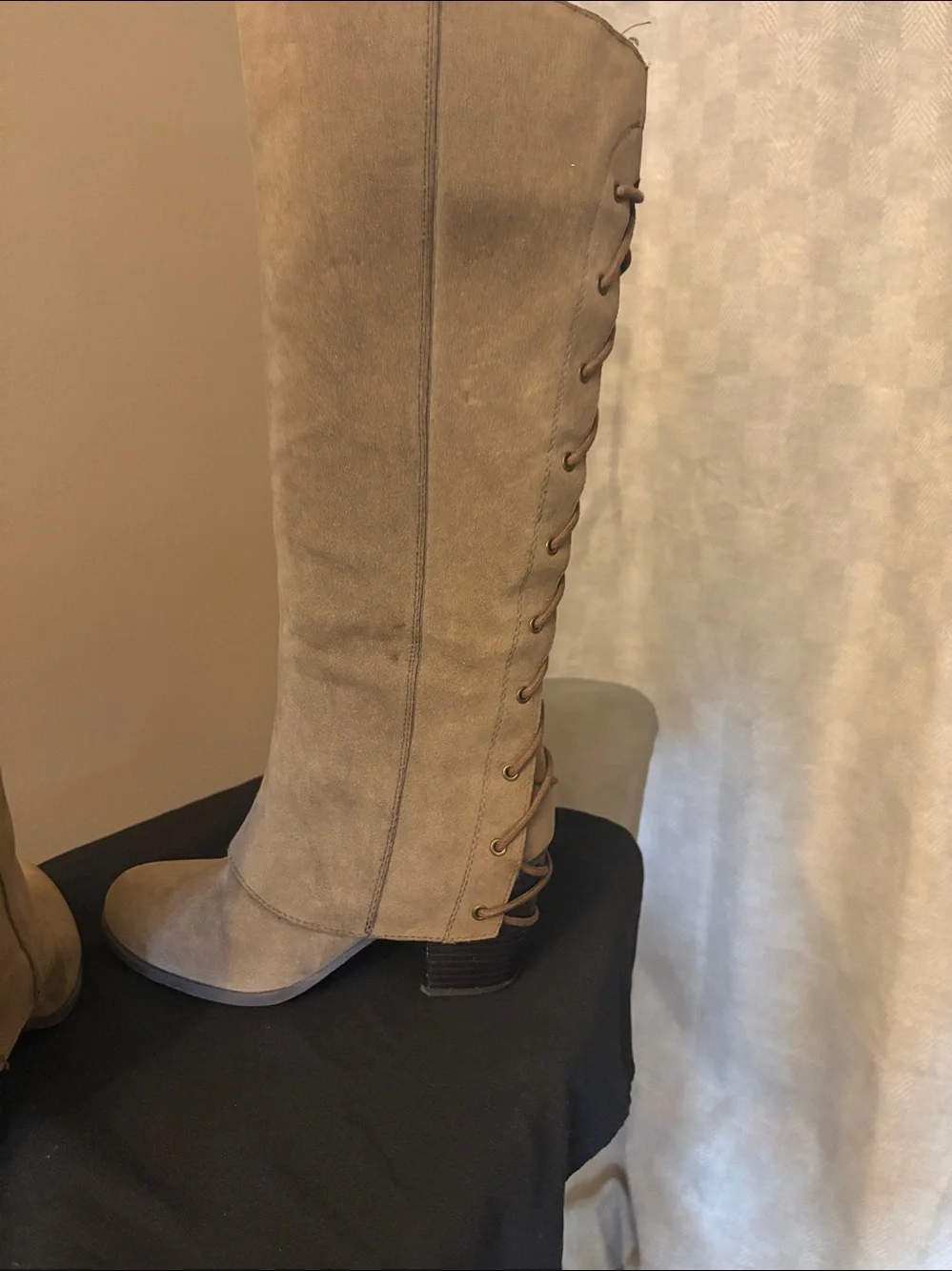 Fergalicious Lace-Up Over-the-Knee Boots in Taupe
